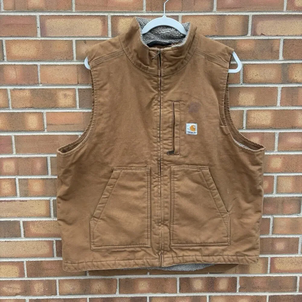 Carhartt Mens L Loose Fit Sherpa Lined Workwear Vest Brown Zip Up Stains OV4277